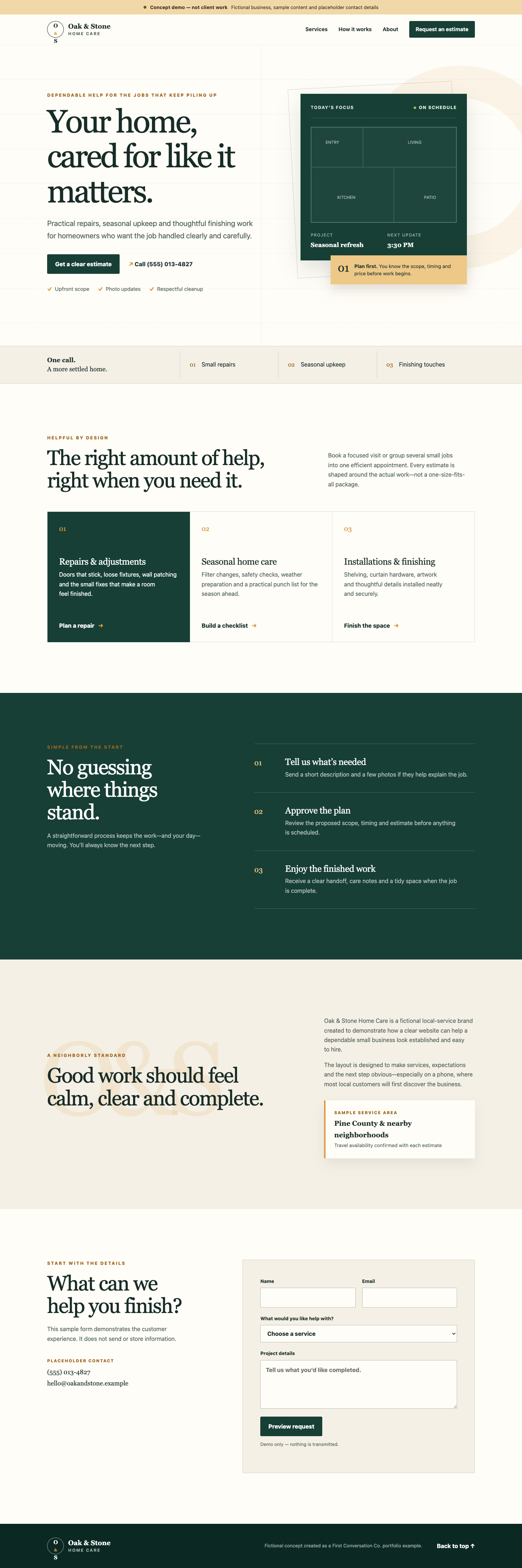 Desktop preview of the fictional Oak and Stone Home Care website